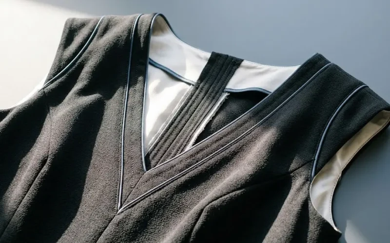 Una vista detallada de los cortes de cuello en V y terminaciones de hombros de un vestido de alta costura sobre un soporte plano.