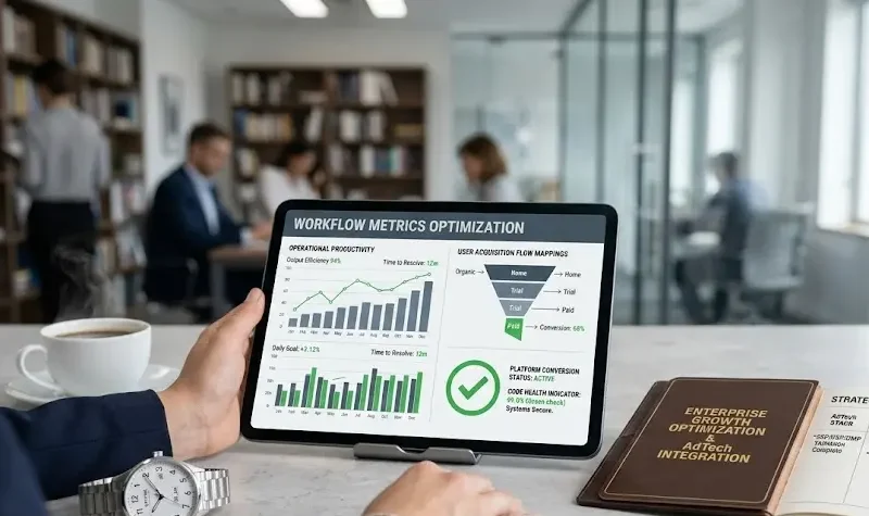 Líder de operaciones analizando indicadores financieros y gráficos de rendimiento en una tablet de alta resolución.