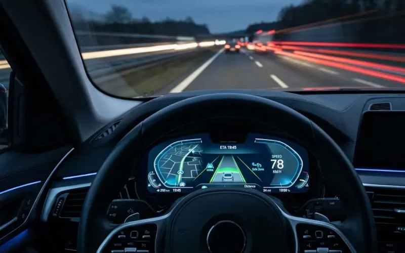 Vista desde el habitáculo de un auto compacto mostrando el cuadro de instrumentos digital con mapas de navegación y control de carril.
