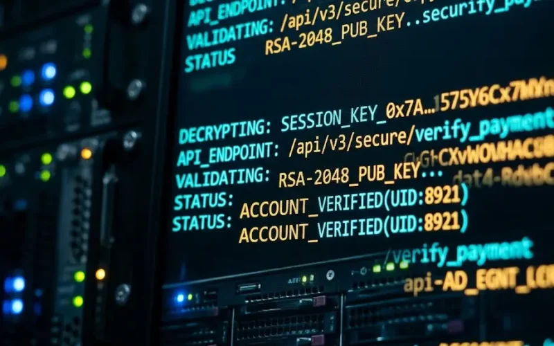 Primer plano macro de líneas de código cifrado de una API de pagos transfronterizos procesándose en un servidor de alta velocidad.