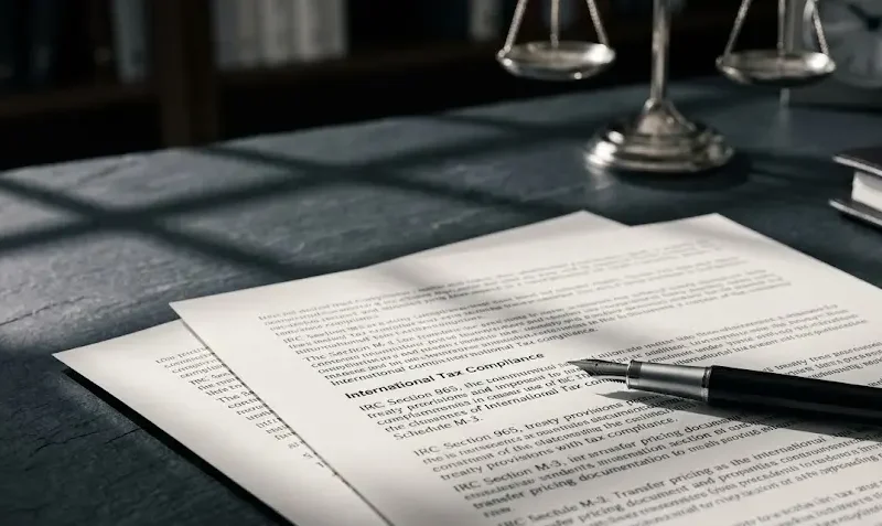 Documentos oficiales de planificación fiscal internacional junto a una balanza y una pluma ejecutiva en una oficina legal de Montevideo.