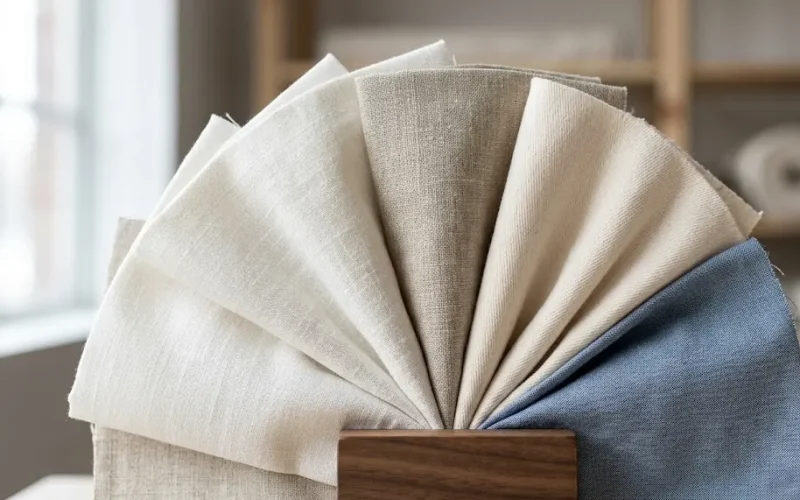 Primer plano técnico de texturas textiles de lino y algodón orgánico ordenadas en un muestrario de diseño comercial.