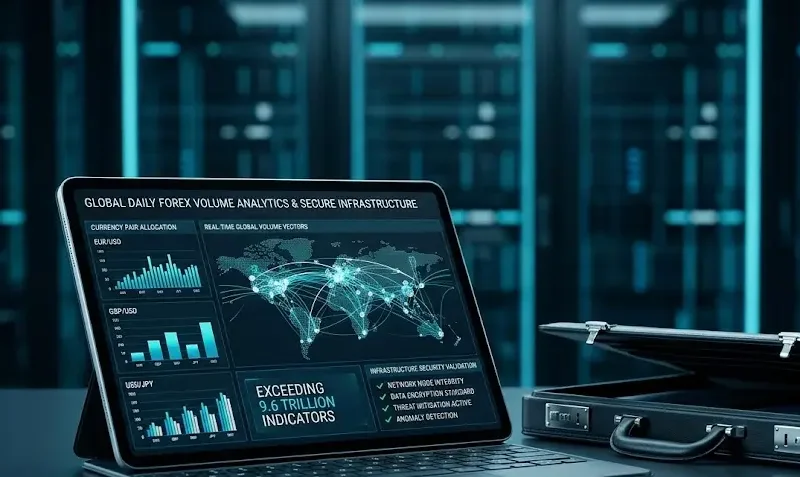 Gráficos de volumen bursátil e indicadores de seguridad digital aplicados al trading internacional de divisas.