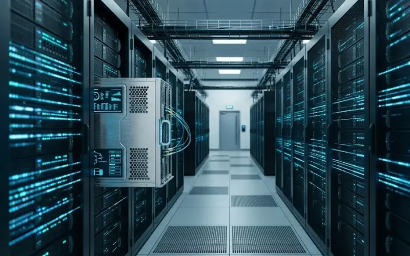 Racks de servidores descentralizados procesando llamadas de API financieras y sincronizando flujos de asistencia en tiempo real.