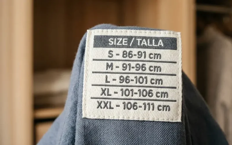 Una etiqueta textil bordada de alta calidad que detalla las equivalencias de tallaje en centímetros de forma clara.