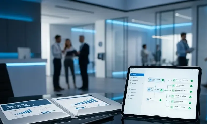 Tableta ejecutiva mostrando diagramas de flujo y checkmarks de validación junto a reportes financieros que acreditan la materialidad de las operaciones fiscales.