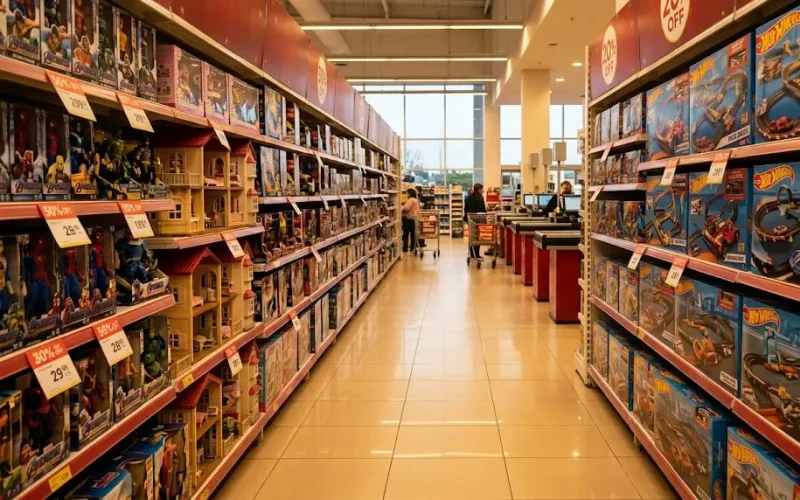Estantes repletos de promociones y regalos en las principales tiendas de juguetes online baratos de plaza.
