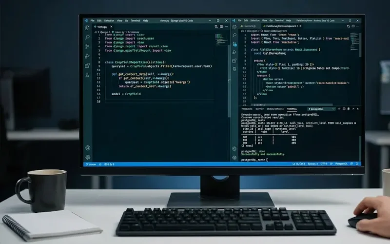Código de programación en Django y esquemas de bases de datos PostgreSQL orientados al control de trazabilidad agrícola.
