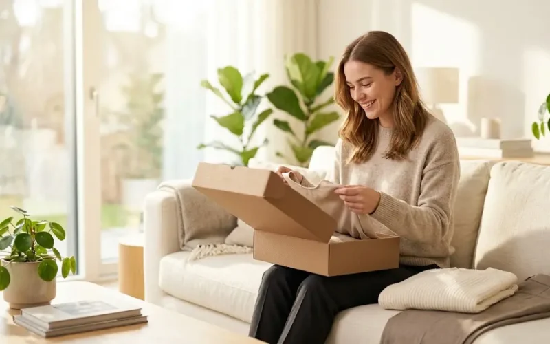 Compradora sonriente abriendo un paquete con indumentaria y consejos para comprar ropa por internet con éxito.