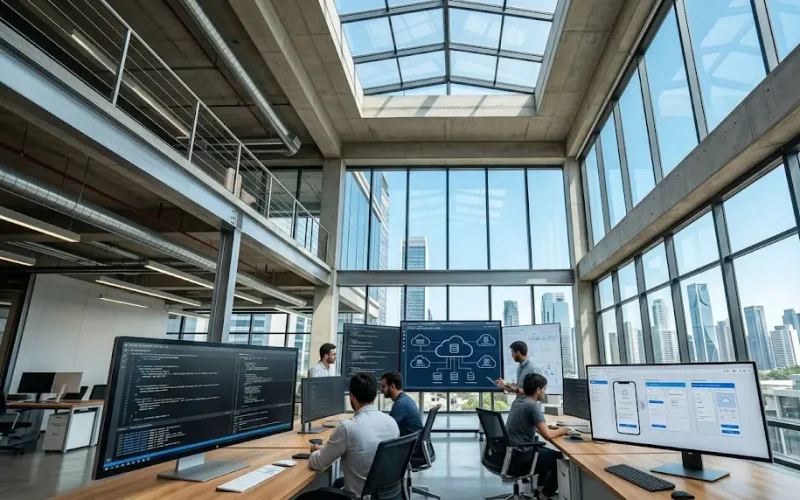 Ingenieros de sistemas coordinando un proyecto global de desarrollo de software multiplataforma desde un centro de excelencia técnica.