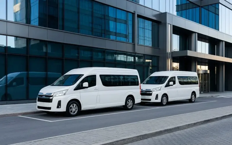 Furgonetas utilitarias y minivans de última generación alineadas para la logística de una empresa en el centro financiero.