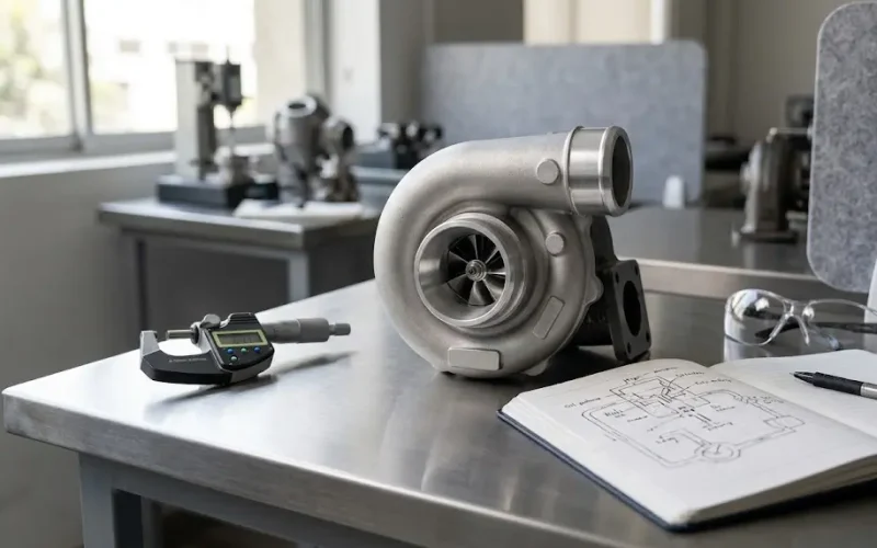 Especialista de laboratorio realizando la reparacion de turbos diesel bajo estrictas tolerancias geométricas de rectificación.