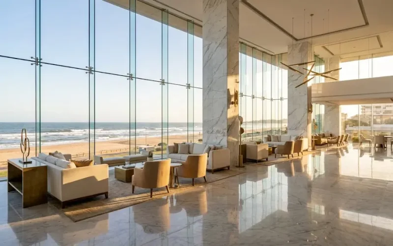 Entrada principal y elegante lobby de uno de los mejores hoteles resort en Sudamerica frente al mar.