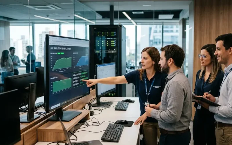 Ingenieros de QA en un centro de control de software analizando métricas de inyección de tráfico masivo automatizado.