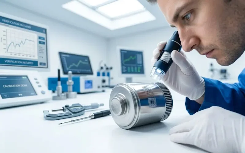 Ingeniero automotriz revisando el sello de certificación de un componente de motor homólogo de alta calidad.