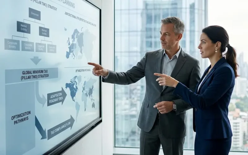 Directivos de una multinacional analizando la planificación fiscal y la tasa del 15 por ciento en una pantalla digital en la sala de juntas.