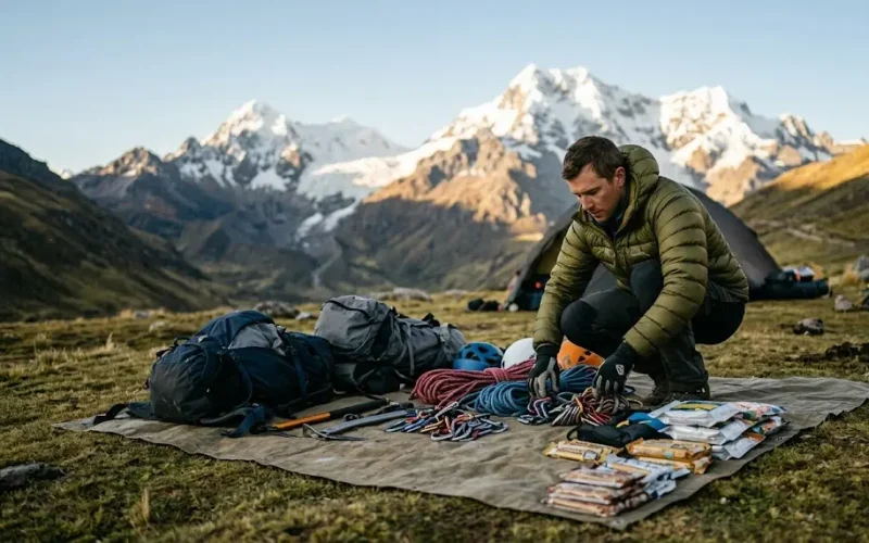 Montañistas organizando raciones de marcha y equipamiento técnico antes de iniciar expediciones de montaña en los Andes.