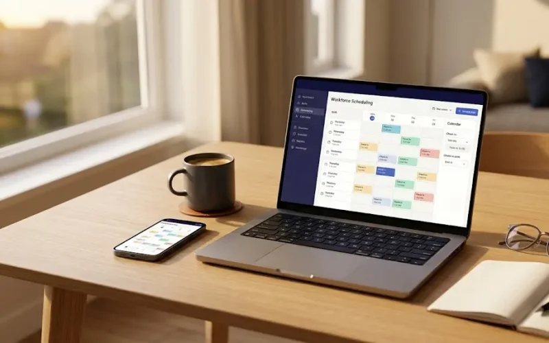 Analista de operaciones programando flujos en un software de gestion de personal desde un smartphone de última generación en una oficina.