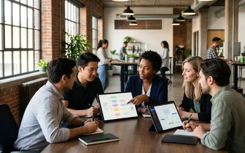 A high-quality conceptual photograph showcasing a dynamic collaborative workspace inside a modern digital agency. A diverse team of software developers and business analysts is gathered around a polished dark oak table, evaluating colorful user interface layouts and software architecture flowcharts on two sleek, minimalist tablet screens. One expert points at a clean automated process diagram, explaining system connections. Shot with a 50mm prime lens at f/2.0 to capture sharp, focused facial expressions of teamwork and engagement while rendering the creative open-plan office and soft pendant lights in the background in a beautiful, smooth bokeh. The scene is illuminated by warm, natural afternoon golden hour daylight coming through large industrial loft windows. The composition is dynamic and balanced, presenting a sense of analytical structure and highly professional technical consulting. The color palette is composed of natural walnut wood, matte black accents, and subtle corporate greens, projecting a high-tech but human-centered environment. No text overlays, no watermarks, and no logos are present on the image. Horizontal format (16:9), ideal for illustrating software business process optimization and professional system design guides on an online technology publication.