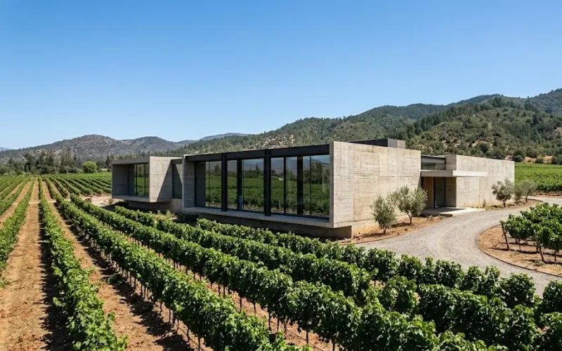 Arquitectura vanguardista de una bodega en el Valle de Colchagua rodeada de plantaciones de Carmenére al pie de los cerros.