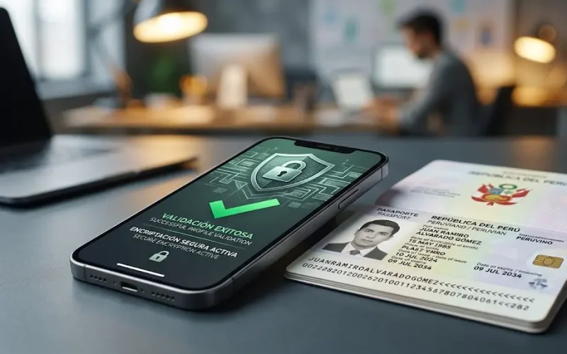 Primer plano de pasaporte y smartphone con pantalla de verificación biométrica de un inversor.