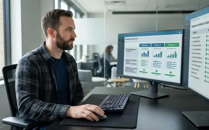 Comparativa técnica de funcionalidades y módulos de software contable para pymes en una consola ERP en la nube.