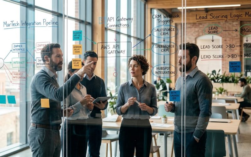 Pizarra táctica de arquitectura MarTech y automatización de marketing para agencias en Latinoamérica.