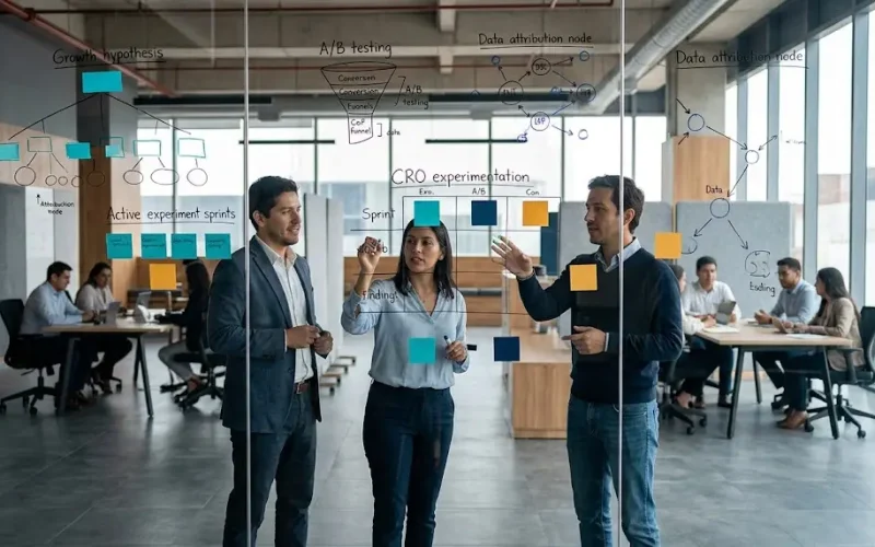 Visualización conceptual de estrategias de escalamiento digital con motores de experimentación continua para empresas.