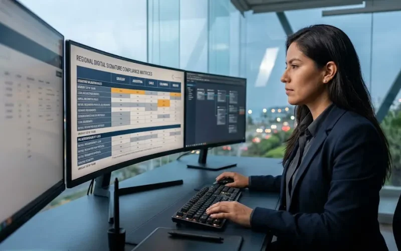 Cuadro de interoperabilidad transfronteriza y tipos de firma digital en LATAM según marcos legales regionales.