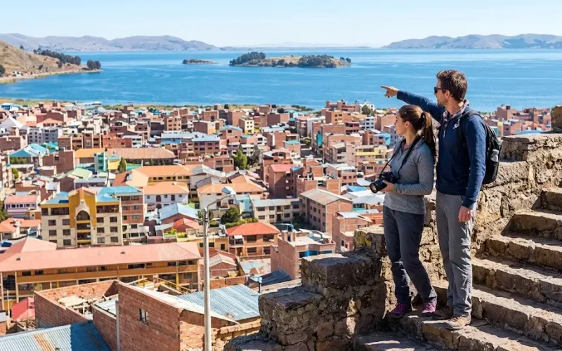 Descubre que visitar en puno peru contemplando la vista panorámica de la ciudad y el Lago Titicaca.