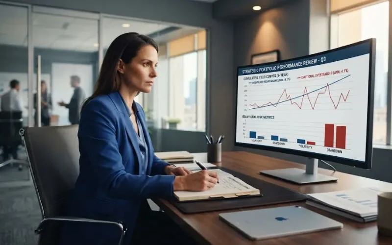 An authentic corporate editorial photograph showing a financial strategist reviewing long-term portfolio performance metrics on a laptop in a quiet corporate suite. The screen displays clear comparison graphs showing the difference between disciplined rebalancing and emotional overtrading. Shot with an 85mm prime lens at f/2.2, delivering razor-sharp focus on the analytical metrics while creating a soft background bokeh of polished glass partitions. Cool daylight mixed with warm overhead spotlighting highlights clean desk surfaces, tablet screens, and financial journals. Composition conveys financial discipline, behavioral risk control, and strategic portfolio protection. Color palette includes slate grey, cobalt blue, warm amber, and crisp white. No text overlays, no watermarks, no logos, no distorted human features. 16:9 horizontal format.