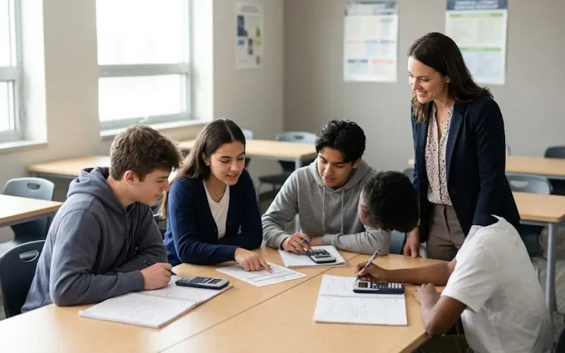 Estudiantes analizando conceptos de educación financiera en Bachillerato durante una clase práctica.