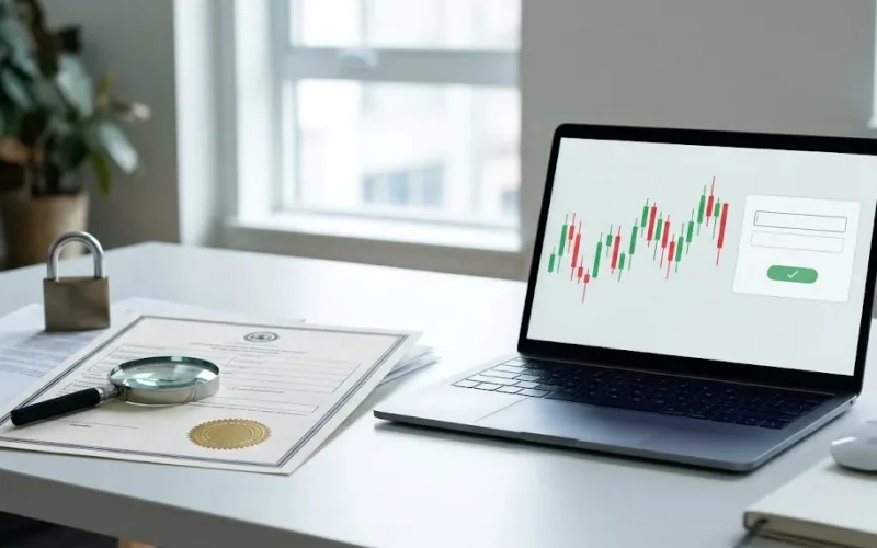 Documento con un sello oficial genérico junto a una laptop con un gráfico de divisas, símbolo de la supervisión de un bróker forex regulado