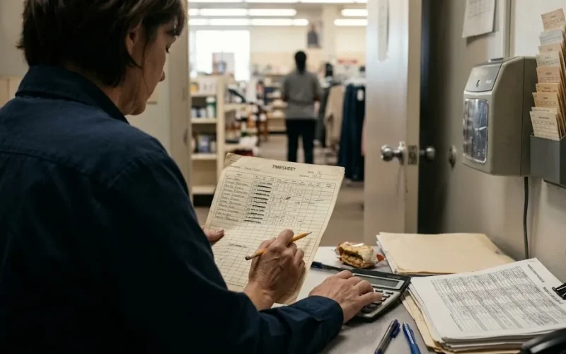 Supervisora calcula el costo de las horas extra del mes con una planilla de papel, una calculadora y un reloj de fichaje en la oficina de un local