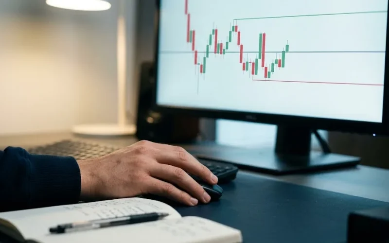 Mano sobre el ratón frente a un gráfico de velas con niveles de entrada, stop y objetivo marcados, una escena de decisiones de entrada en trading