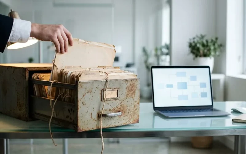 Archivador antiguo con carpetas de sociedades sobre un escritorio moderno, imagen que alude a estructuras fiscales obsoletas en revisión