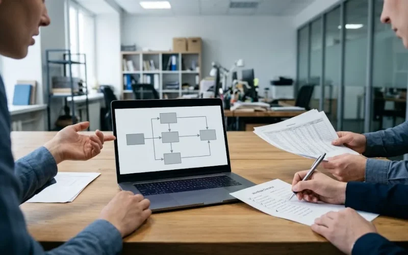 Equipo de operaciones que completa a mano una planilla mientras la laptop muestra flujos de trabajo genéricos de una herramienta comercial