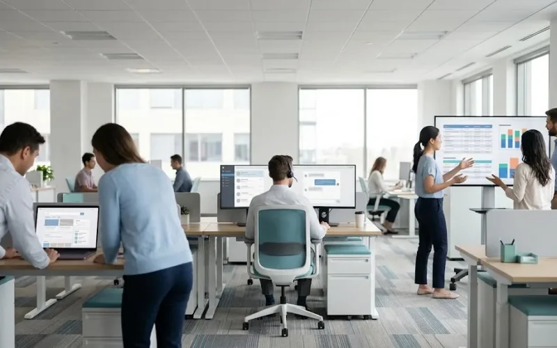 Grupos de trabajo en una oficina abierta frente a pantallas distintas, escena sobre cómo integrar LLM en la empresa según cada frente de uso