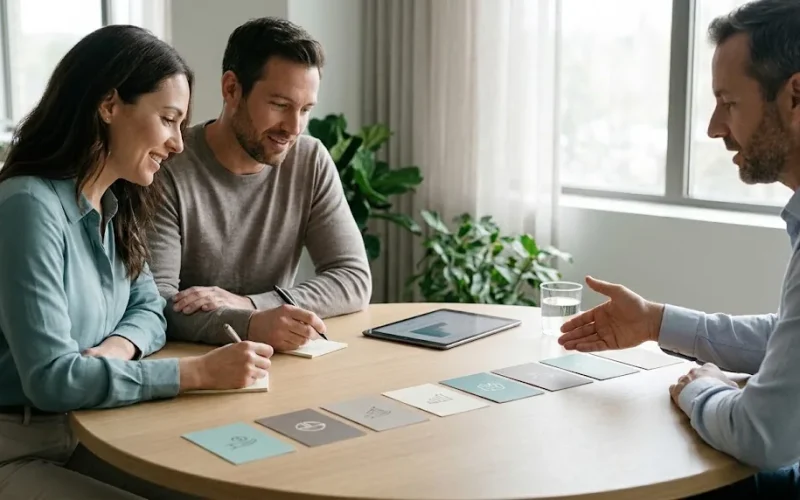 Asesor financiero muestra a una pareja varias opciones entre las mejores inversiones financieras en Uruguay sobre una mesa con documentos