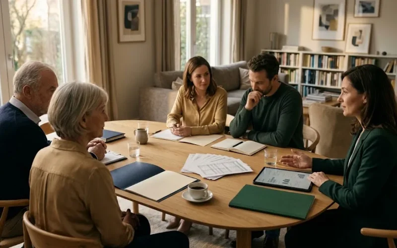 Familia de tres generaciones conversa con una asesora alrededor de una mesa con documentos, escena sobre planificación patrimonial familiar