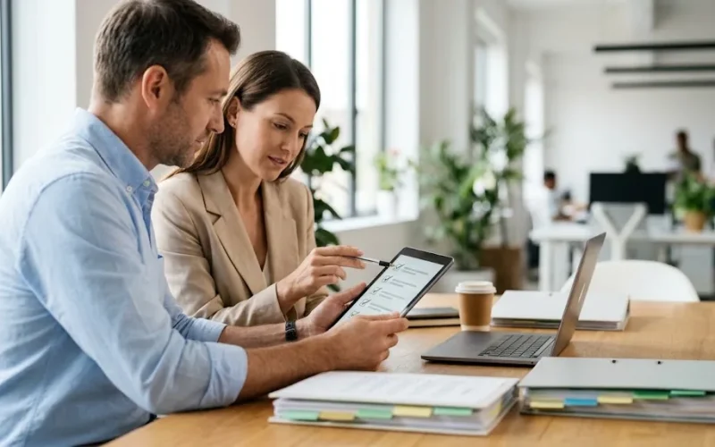 Gerente de una empresa revisa con su contadora una lista de controles en una tablet junto a carpetas ordenadas, escena de prevención tributaria