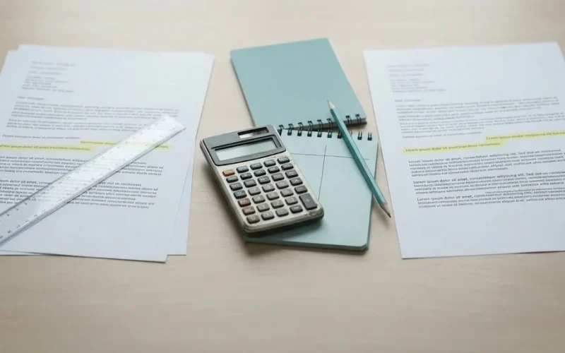 Calculadora y dos ofertas de préstamo personal sobre la mesa, con una libreta para comparar la TEA de un préstamo personal y el total a pagar