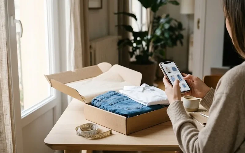 Mujer recorre tiendas online de ropa de mujer desde el celular, con un jean, una camisa y una caja de envío recién abierta sobre la mesa