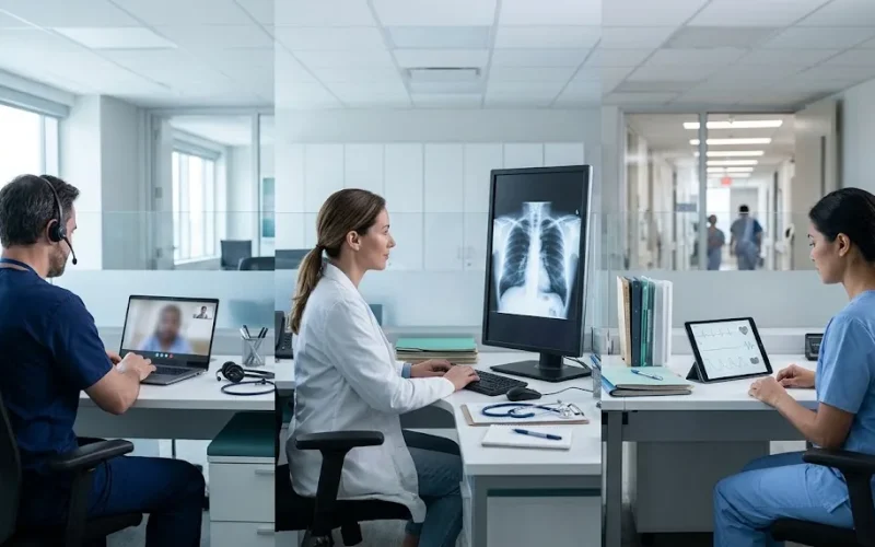 Equipo médico revisa en pantallas una videoconsulta, una radiografía enviada a distancia y datos de monitoreo, tres tipos de telemedicina en uso